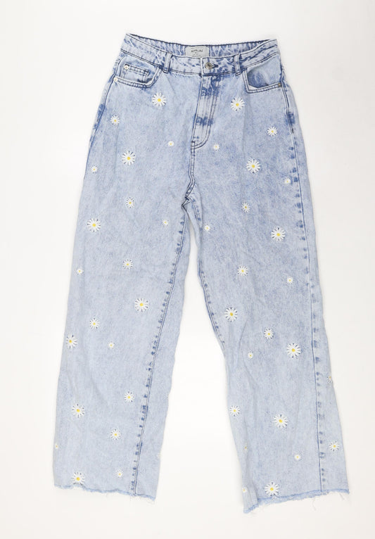 New Look Womens Blue Floral Cotton Wide-Leg Jeans Size 10 L30 in Regular Zip - Daisy