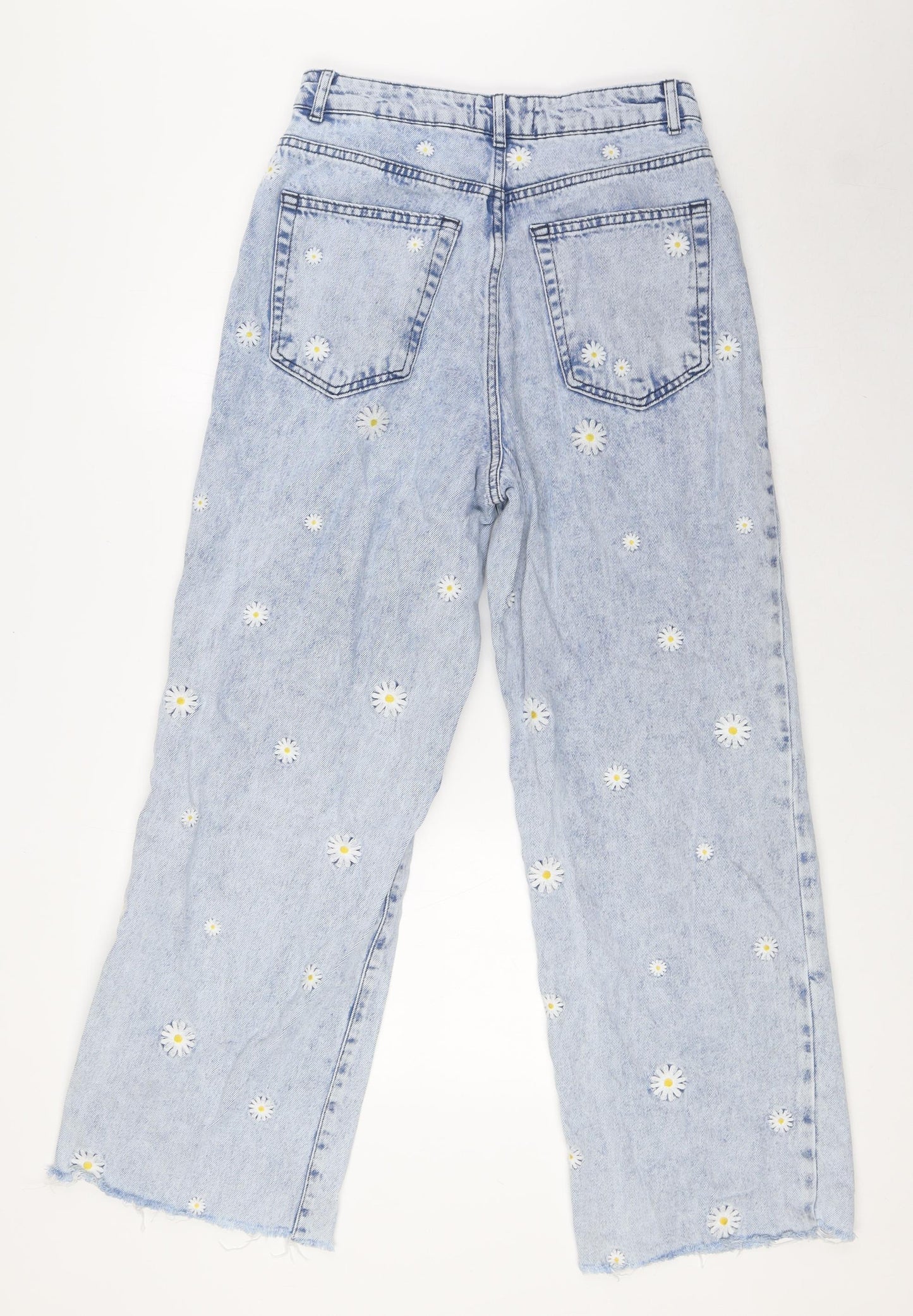 New Look Womens Blue Floral Cotton Wide-Leg Jeans Size 10 L30 in Regular Zip - Daisy