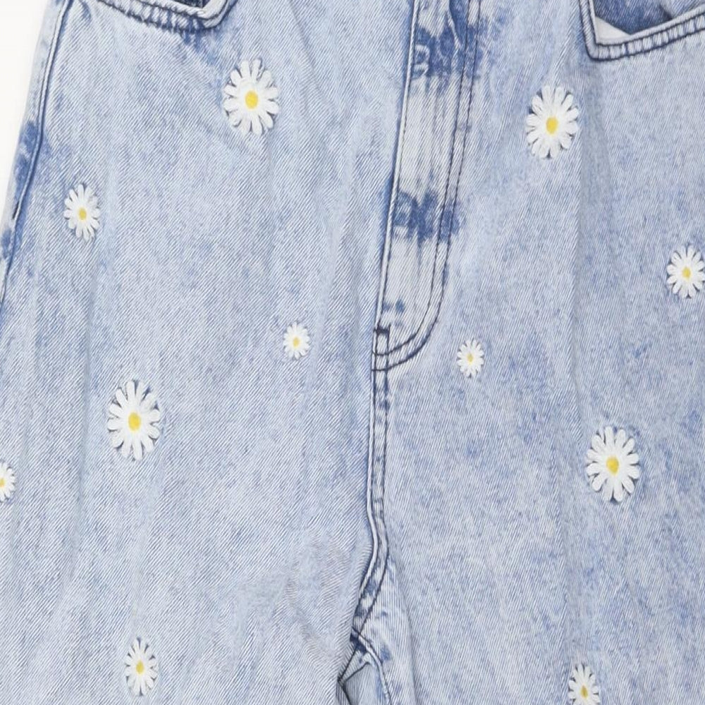 New Look Womens Blue Floral Cotton Wide-Leg Jeans Size 10 L30 in Regular Zip - Daisy