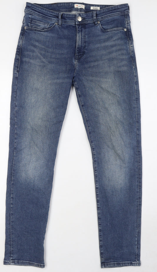 River Island Mens Blue Cotton Straight Jeans Size 32 in L30 in Slim Zip