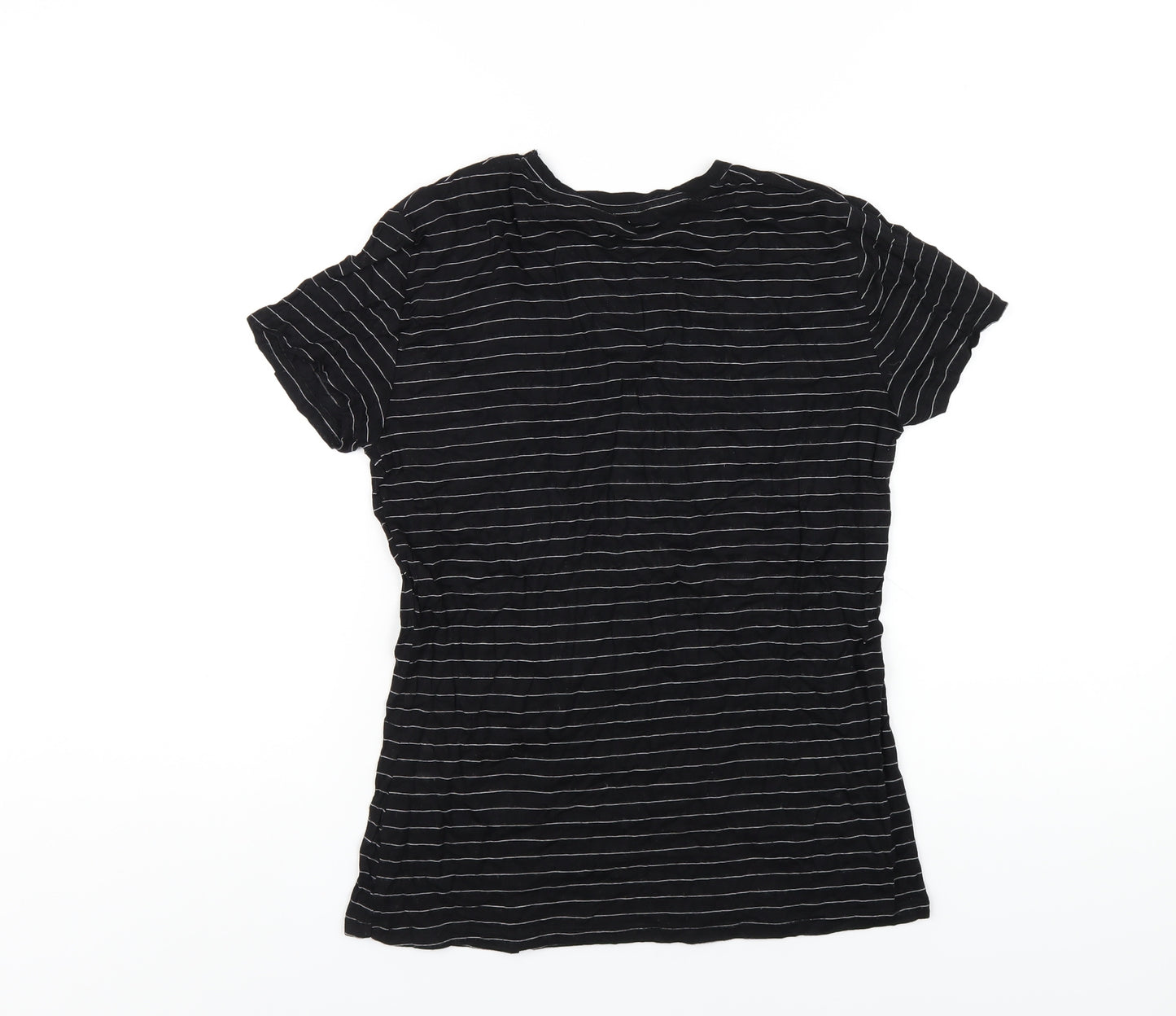 Zara Womens Black Striped Viscose Basic T-Shirt Size L Round Neck