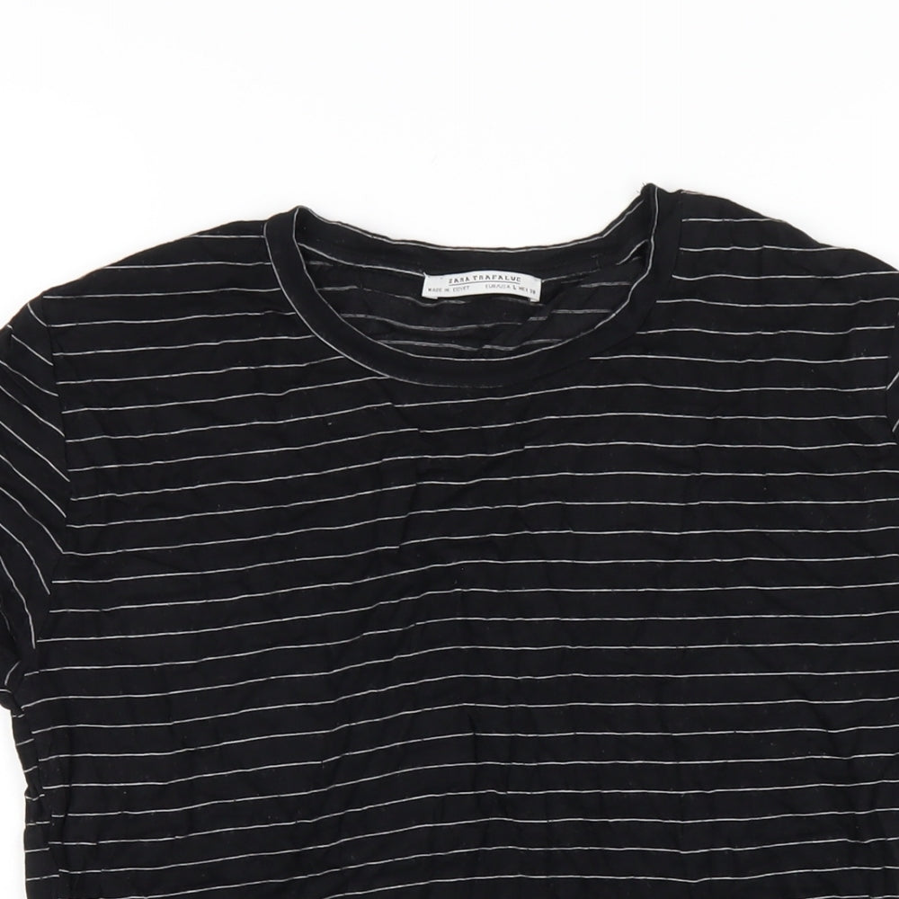 Zara Womens Black Striped Viscose Basic T-Shirt Size L Round Neck