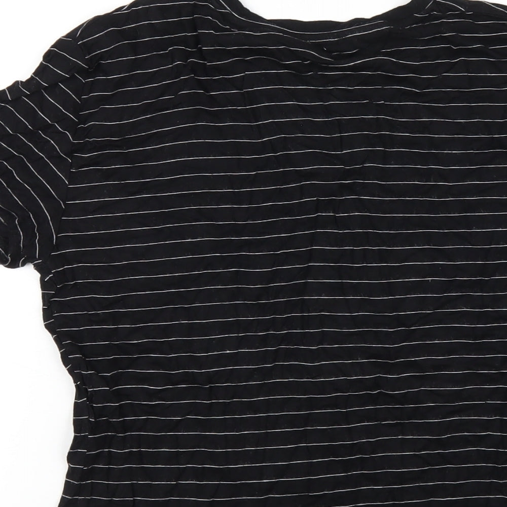 Zara Womens Black Striped Viscose Basic T-Shirt Size L Round Neck