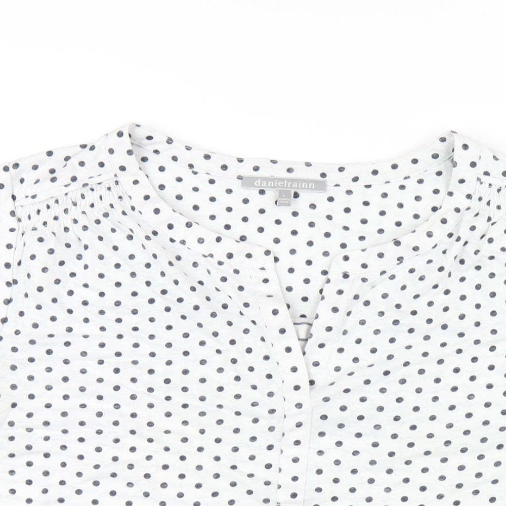 Daniel Rainn Womens White Polka Dot Linen Basic T-Shirt Size L V-Neck