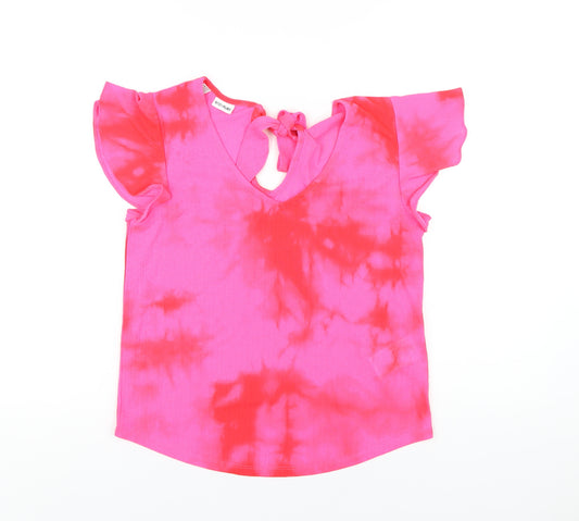 Body Flirt Womens Pink Geometric Polyester Basic T-Shirt Size 6 V-Neck - Tie Dye