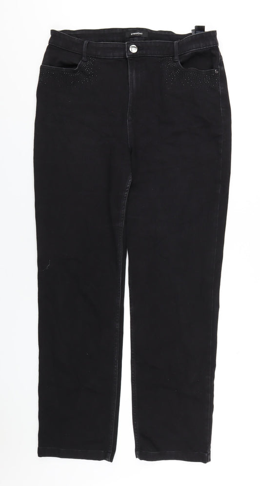 Marks and Spencer Womens Black Cotton Straight Jeans Size 16 L30 in Regular Zip