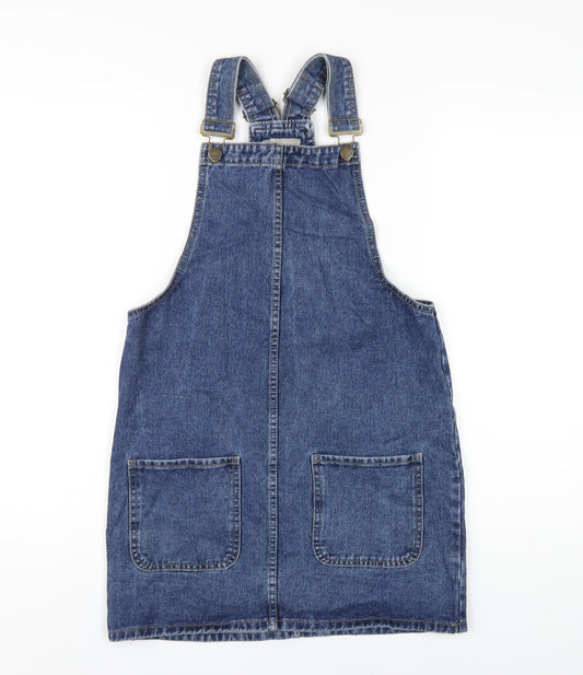 Denim & Co. Womens Blue Cotton Pinafore/Dungaree Dress Size 8 Square Neck Buckle