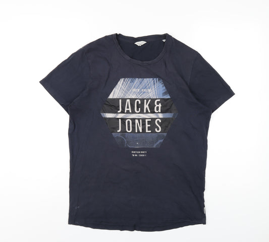 JACK & JONES Mens Blue Cotton T-Shirt Size S Round Neck