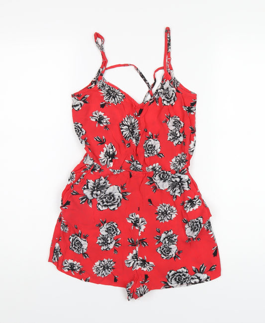 H&M Womens Red Floral Vinyl Playsuit One-Piece Size 8 Pullover