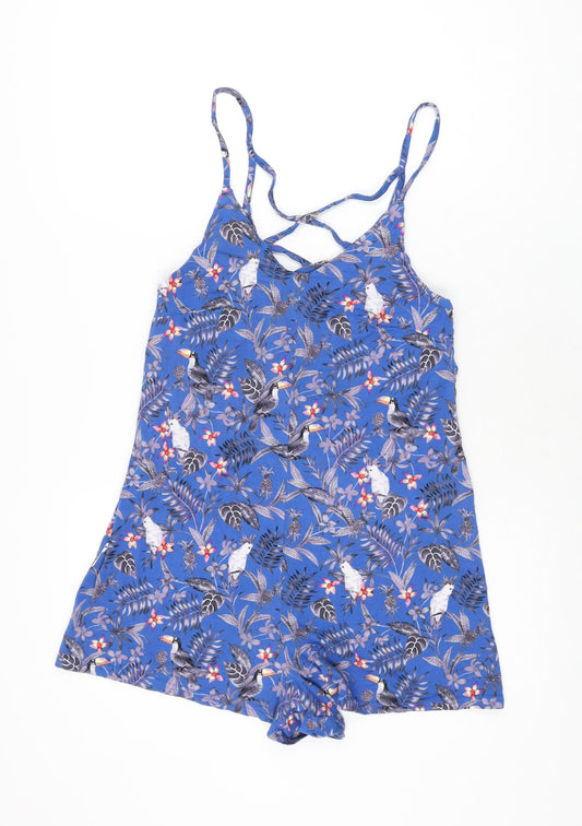 New Look Womens Blue Floral Viscose Playsuit One-Piece Size 8 L3 in Pullover - Parrot Print