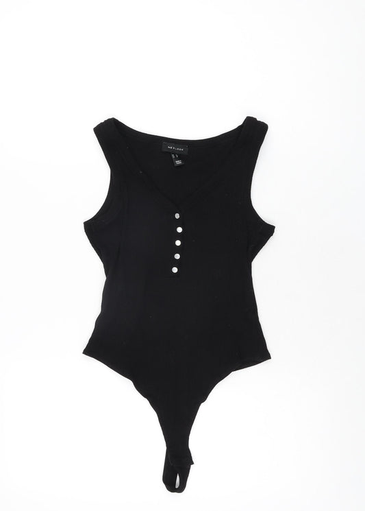 New Look Womens Black Cotton Bodysuit One-Piece Size 12 Snap