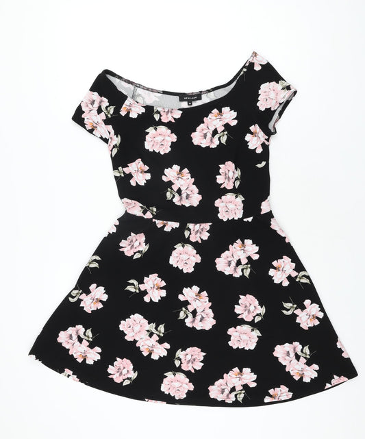 New Look Womens Black Floral Polyester Skater Dress Size 10 Scoop Neck Pullover