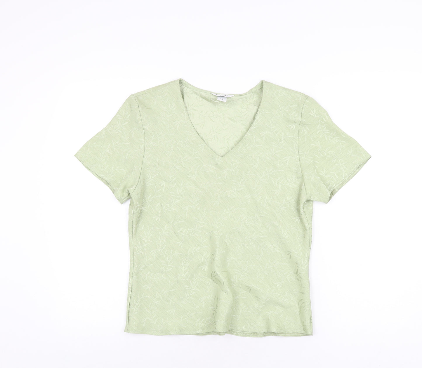 OPUS Womens Green Geometric Polyester Basic T-Shirt Size 12 V-Neck