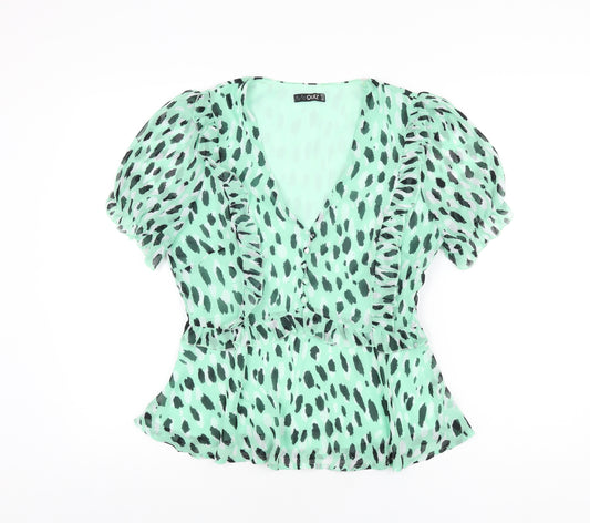 Quiz Womens Green Geometric Polyester Basic Blouse Size 10 V-Neck