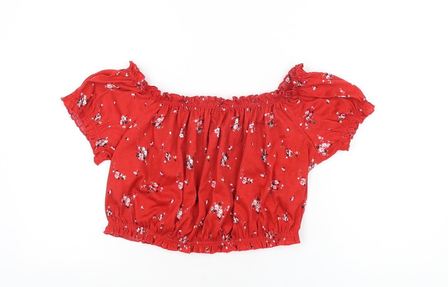 H&M Womens Red Floral Polyester Cropped T-Shirt Size L Off the Shoulder