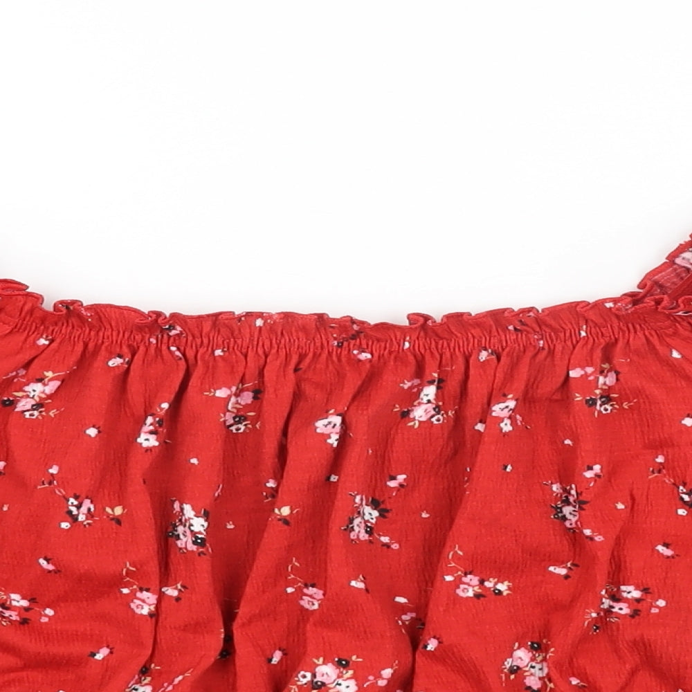 H&M Womens Red Floral Polyester Cropped T-Shirt Size L Off the Shoulder