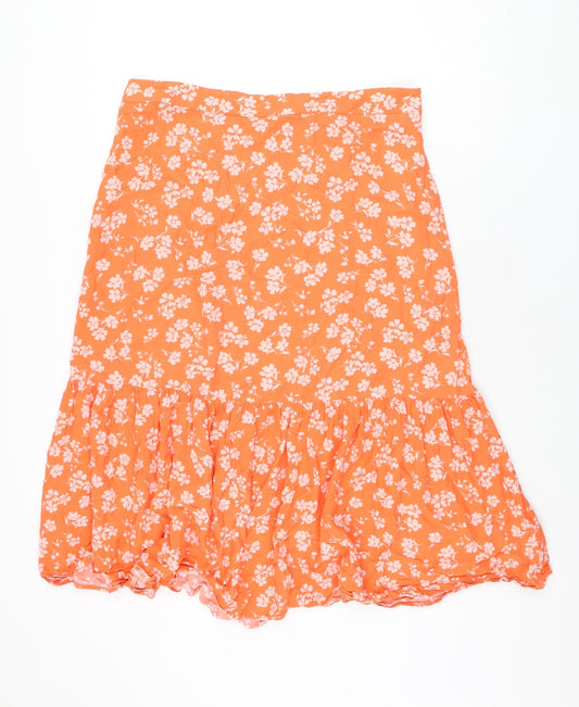 Marks and Spencer Womens Orange Floral Viscose Swing Skirt Size 16 Zip