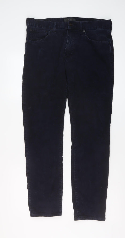 Marks and Spencer Mens Blue Cotton Trousers Size 34 in L33 in Slim Button