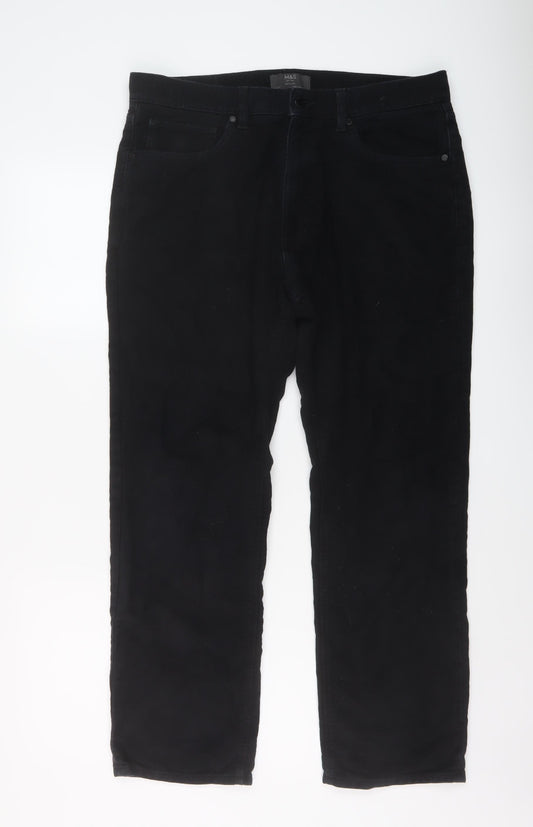 Marks and Spencer Mens Black Cotton Trousers Size 34 in L29 in Regular Button