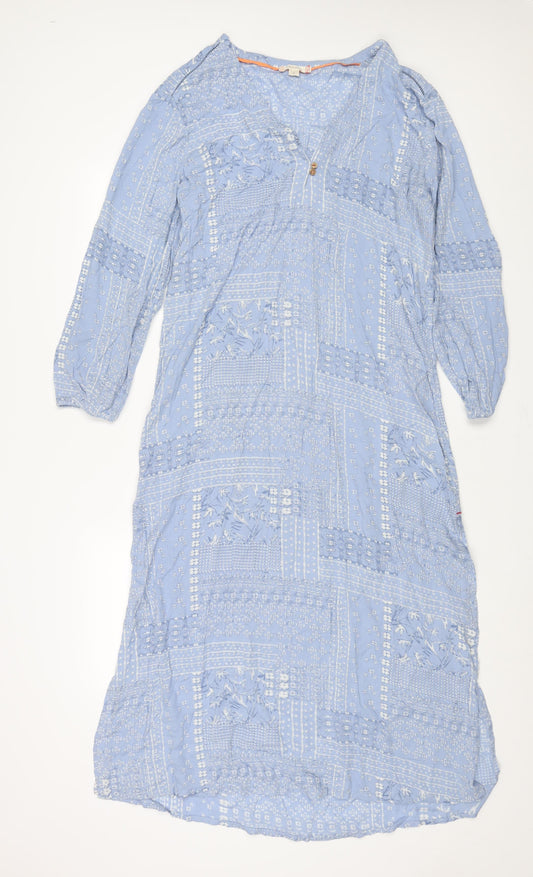 White Stuff Womens Blue Geometric Viscose Maxi Size S V-Neck Button - Side Slits