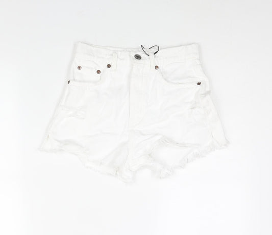 Zara Womens White Cotton Cut-Off Shorts Size 8 Regular Zip - Distressed Denim