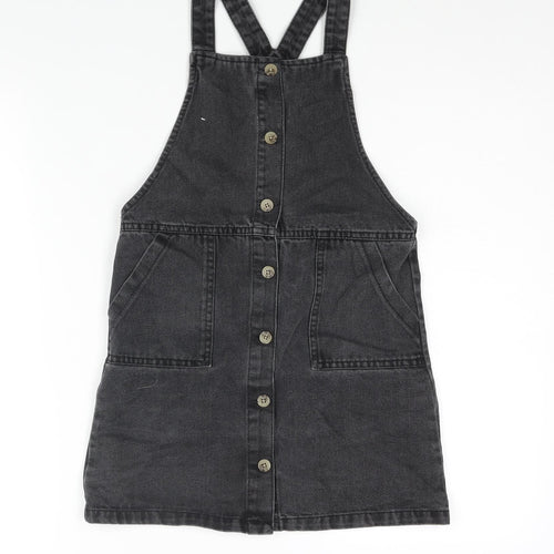 Denim & Co. Girls Grey Cotton Pinafore/Dungaree Dress Size 9-10 Years Square Neck Button