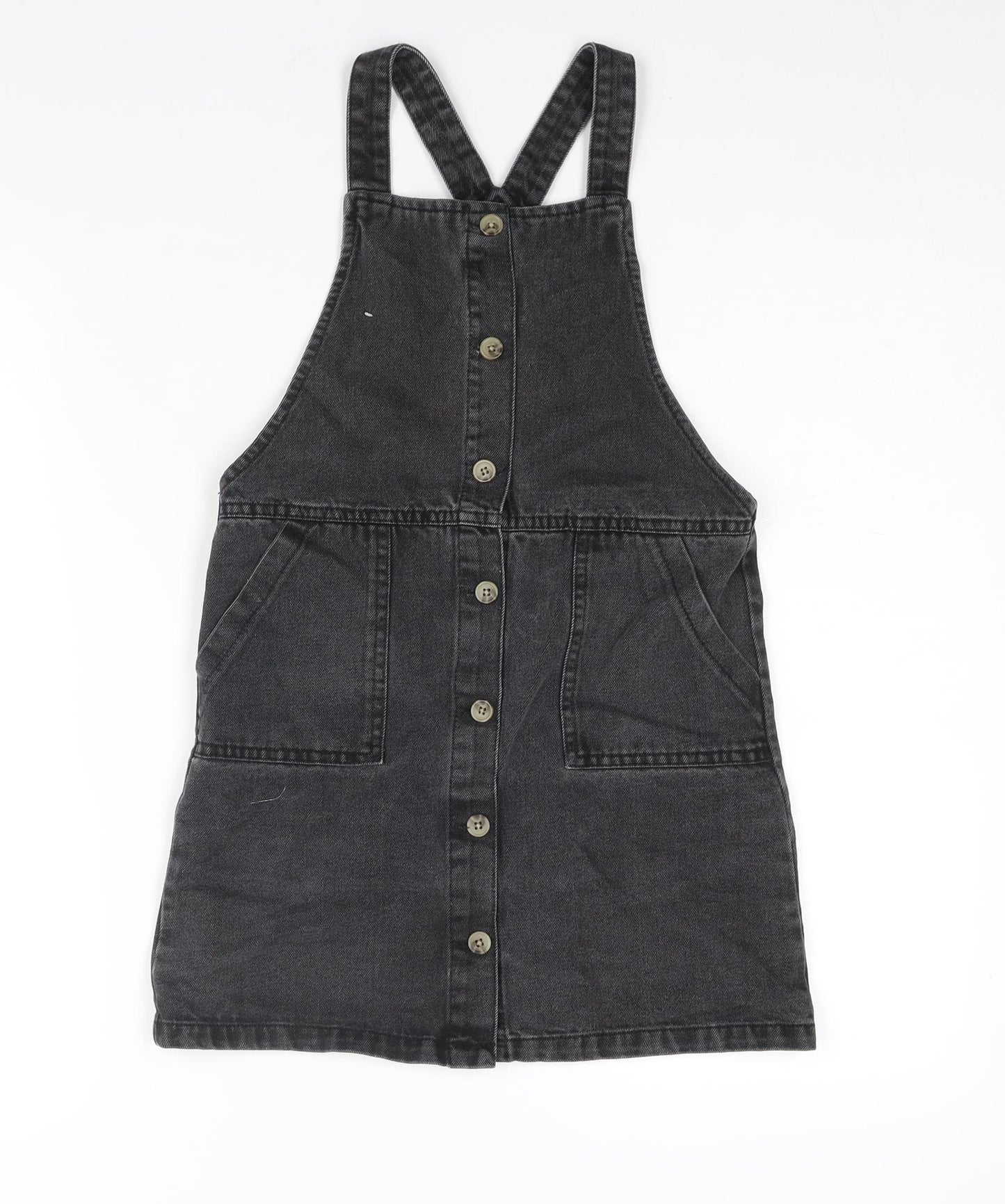 Denim & Co. Girls Grey Cotton Pinafore/Dungaree Dress Size 9-10 Years Square Neck Button