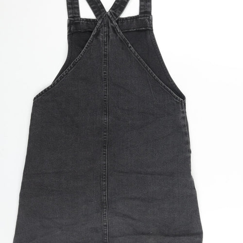 Denim & Co. Girls Grey Cotton Pinafore/Dungaree Dress Size 9-10 Years Square Neck Button