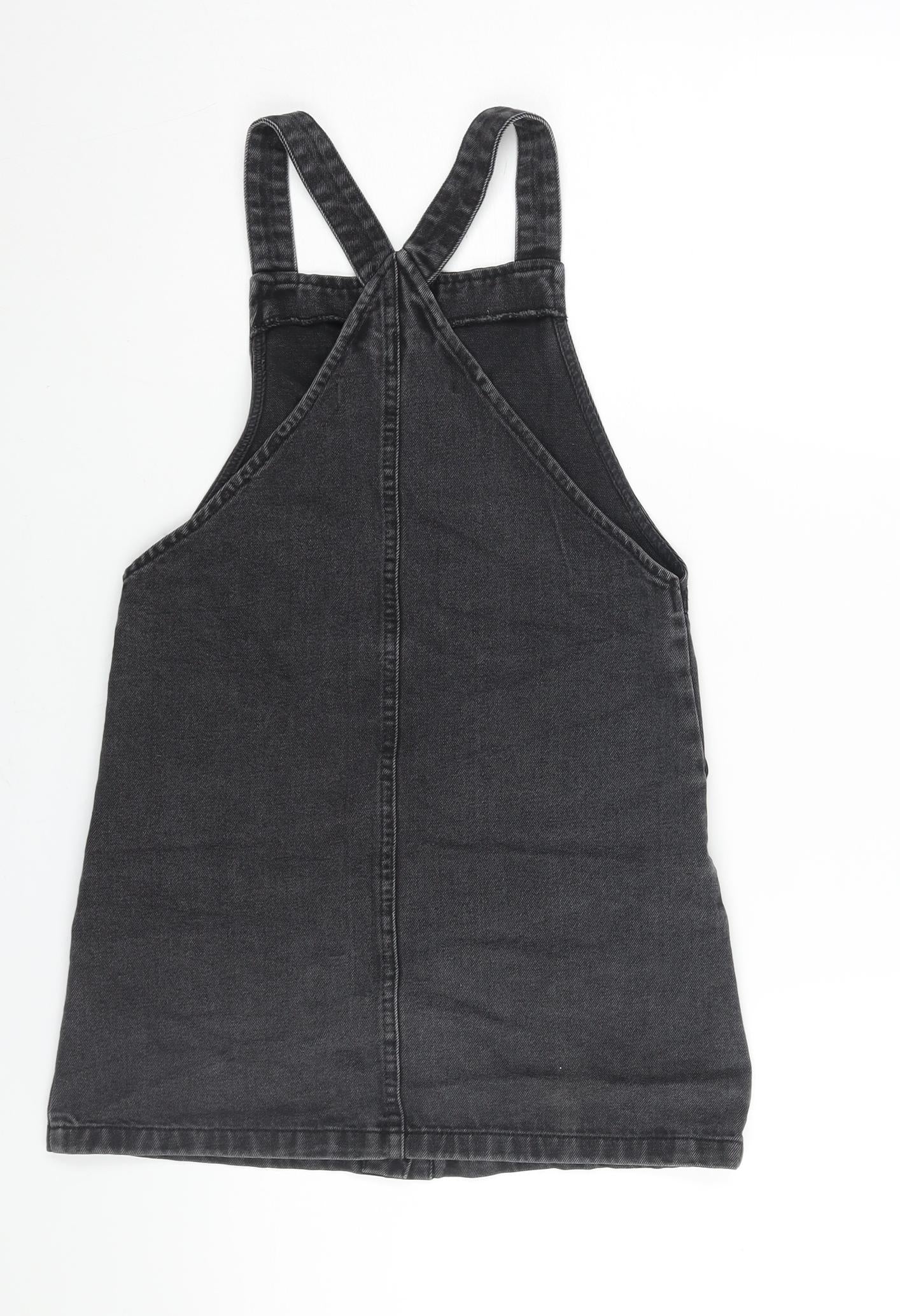 Denim & Co. Girls Grey Cotton Pinafore/Dungaree Dress Size 9-10 Years Square Neck Button