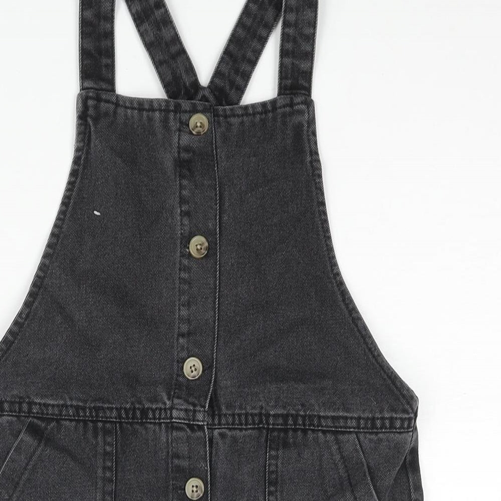 Denim & Co. Girls Grey Cotton Pinafore/Dungaree Dress Size 9-10 Years Square Neck Button