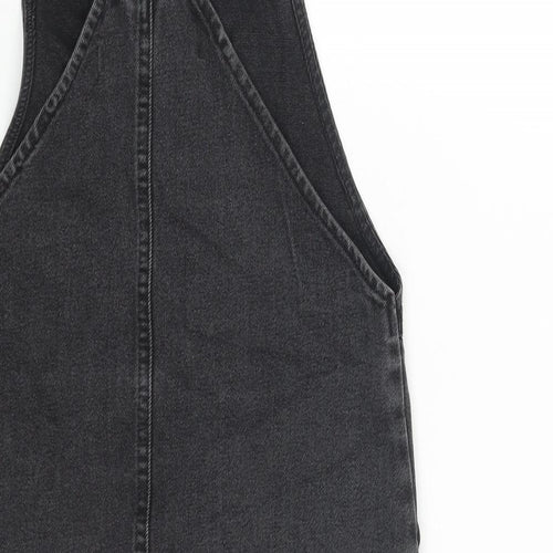 Denim & Co. Girls Grey Cotton Pinafore/Dungaree Dress Size 9-10 Years Square Neck Button