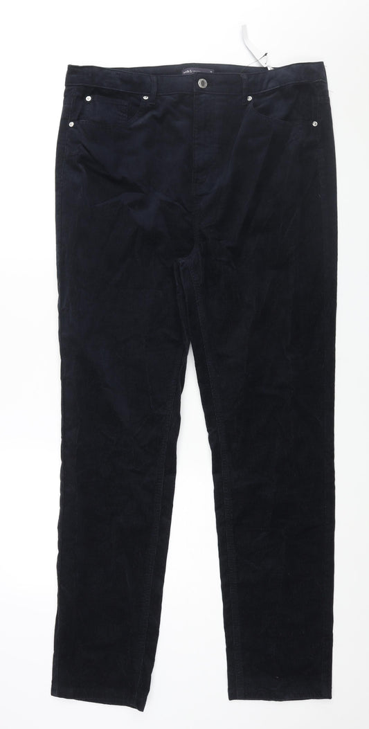 Marks and Spencer Womens Blue Cotton Trousers Size 18 L32 in Regular Zip