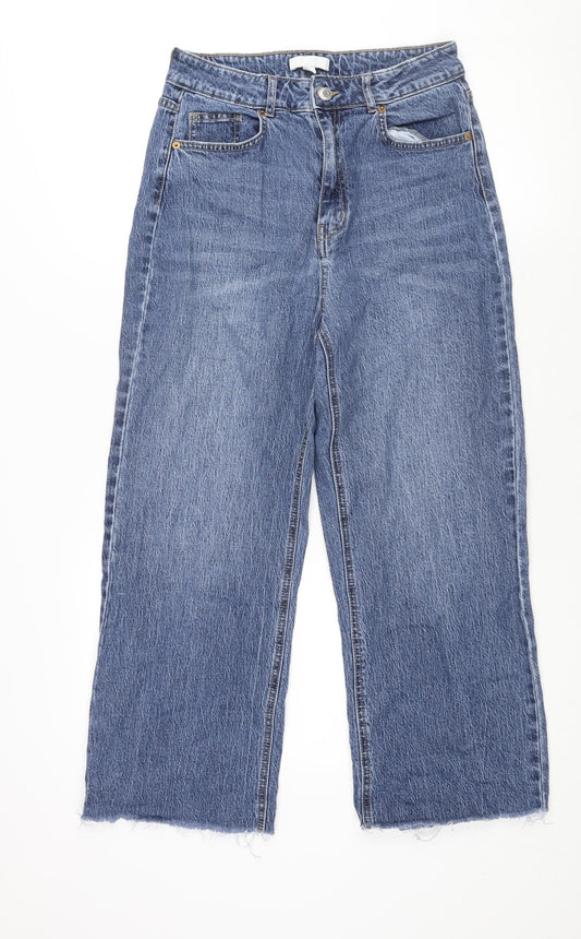 H&M Womens Blue Cotton Cropped Jeans Size 12 L25 in Regular Zip - Raw Hem