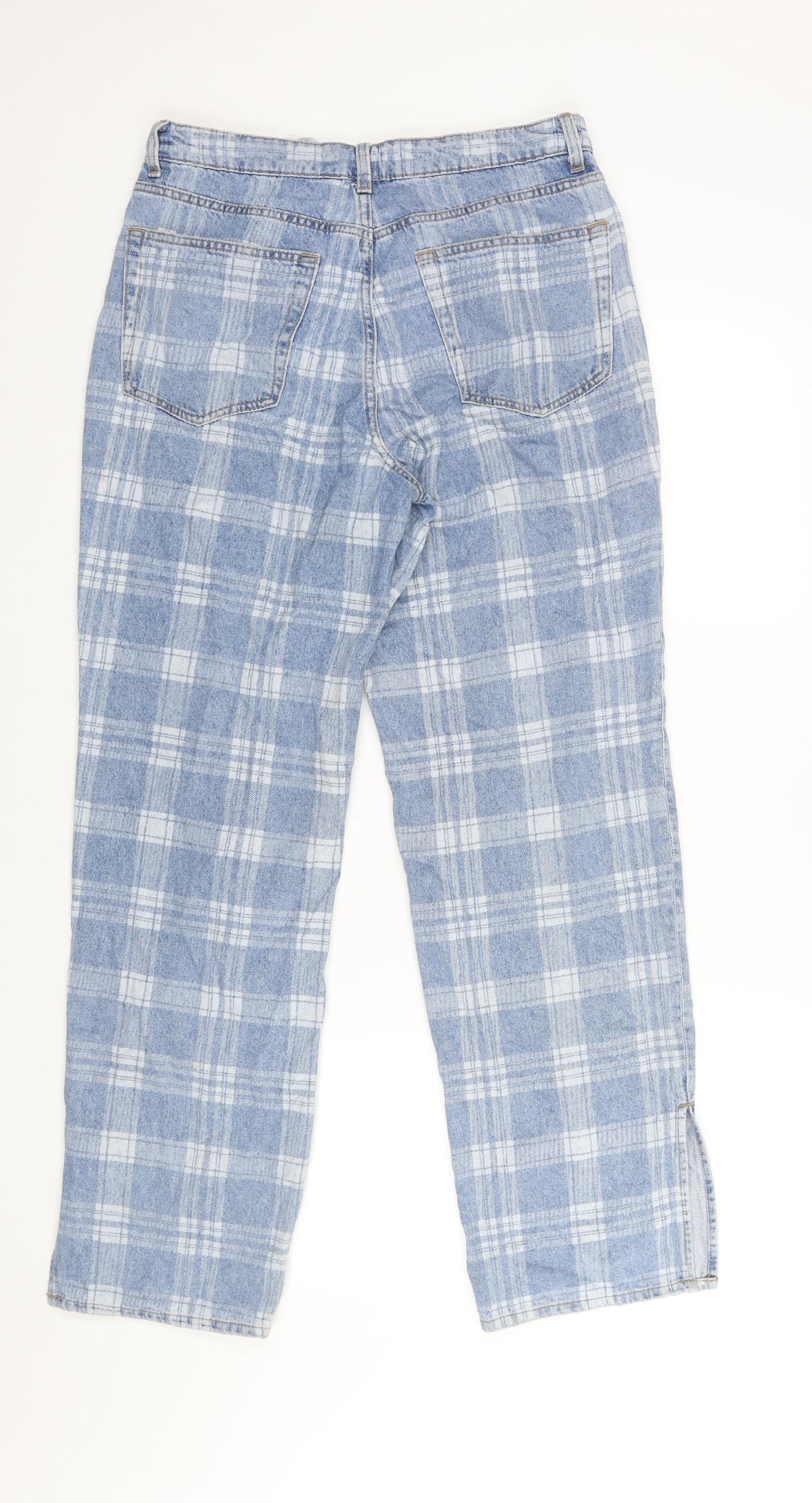 Divided by H&M Womens Blue Check Cotton Straight Jeans Size 12 L28 in Regular Zip