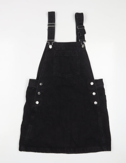 Mango Womens Black Cotton Pinafore/Dungaree Dress Size 8 Square Neck Button