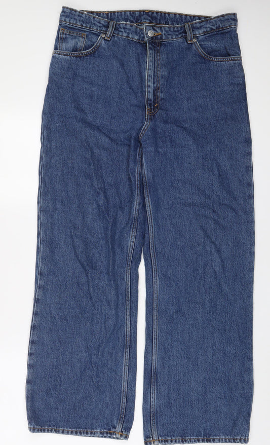 Monki Womens Blue Cotton Wide-Leg Jeans Size 34 in L33 in Regular Zip