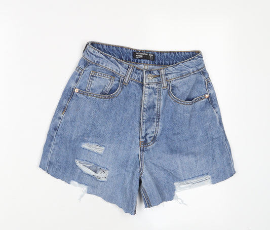 PRETTYLITTLETHING Womens Blue Cotton Boyfriend Shorts Size 6 L4 in Regular Zip - Distressed