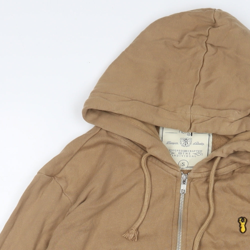 NEXT Mens Brown Cotton Full Zip Hoodie Size S - Logo, Embroidered