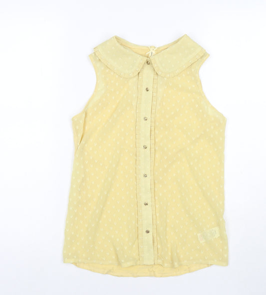 NEXT Womens Yellow Geometric Polyester Basic Button-Up Size 8 Collared - Hearts