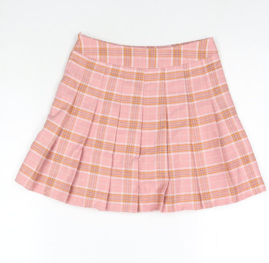 Fashion Womens Pink Check Polyester Pleated Skirt Size XS Zip