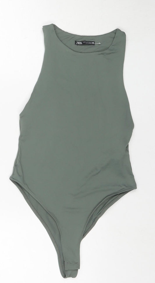 Zara Womens Green Polyester Bodysuit One-Piece Size S Snap