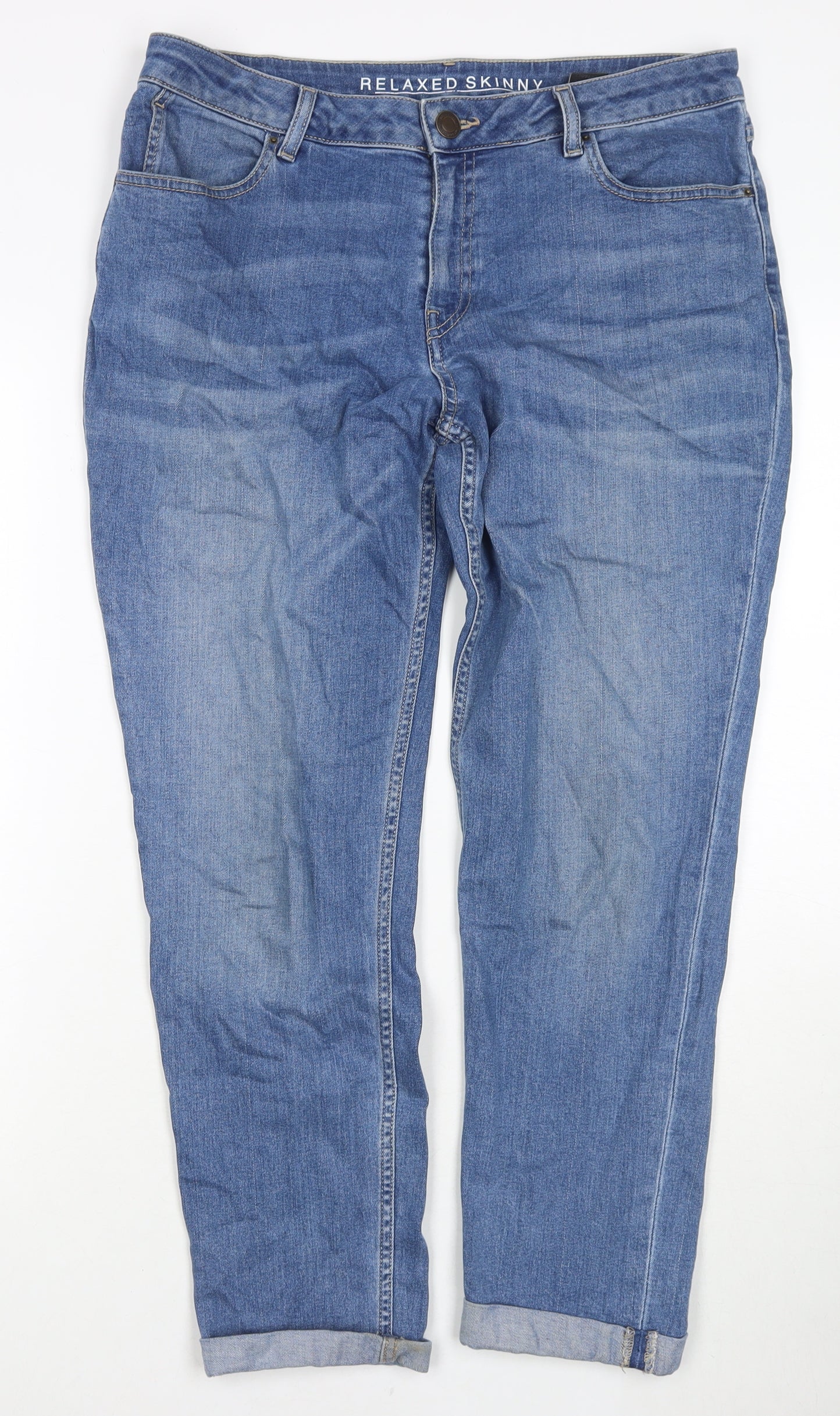 Marks and Spencer Womens Blue Cotton Tapered Jeans Size 12 L27 in Regular Zip