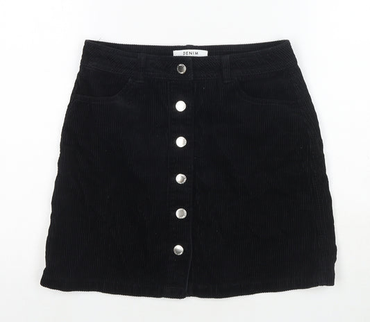 Miss Selfridge Womens Black Cotton A-Line Skirt Size 8 Button