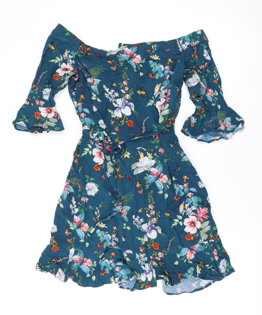 Oasis Womens Blue Floral Viscose Skater Dress Size 8 Off the Shoulder Zip