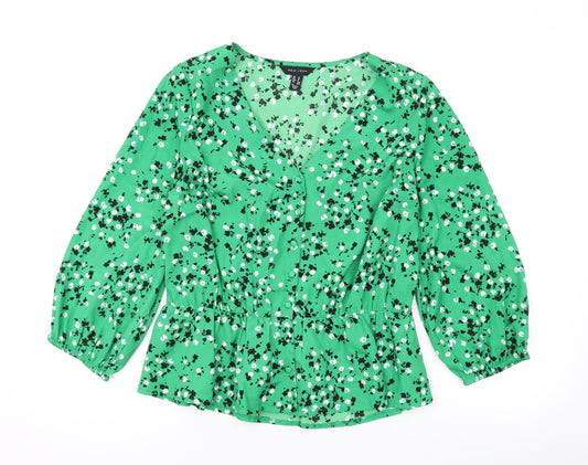 New Look Womens Green Floral Polyester Basic Blouse Size 10 V-Neck