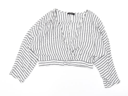 Bershka Womens White Striped Viscose Basic Blouse Size L V-Neck