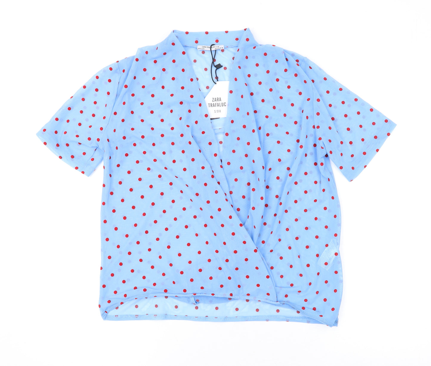 Zara Womens Blue Polka Dot Polyester Basic T-Shirt Size L V-Neck