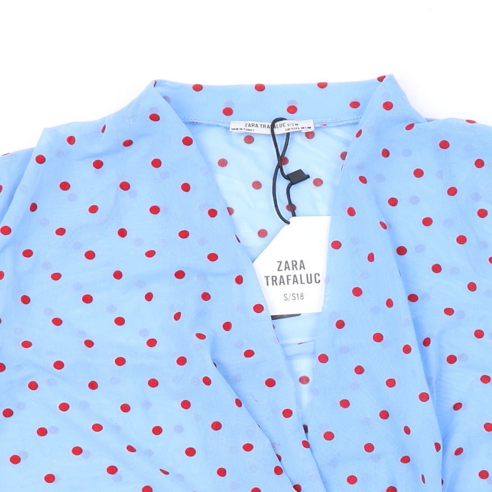 Zara Womens Blue Polka Dot Polyester Basic T-Shirt Size L V-Neck