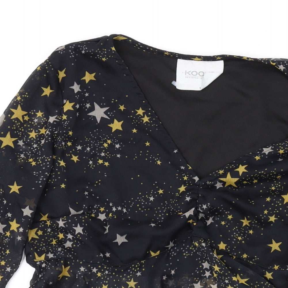 Koovs Womens Black Geometric Polyester Basic Blouse Size S V-Neck - Star Print