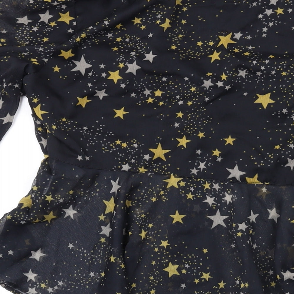 Koovs Womens Black Geometric Polyester Basic Blouse Size S V-Neck - Star Print